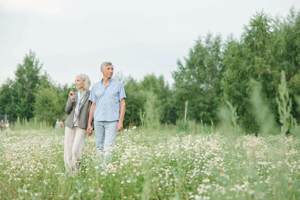 A senior couple enjoying a peaceful walk through a flower field on a sunny day, pension drawdown rules